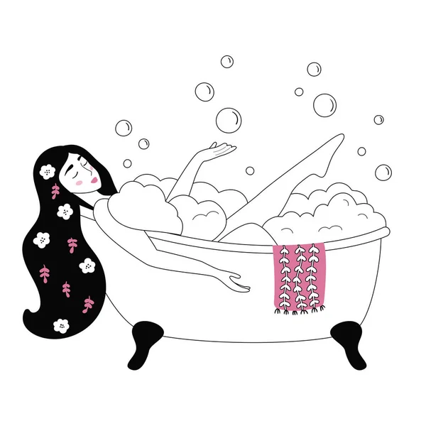 Woman Take Bath Bubble Foam Hand Drawn Doodle Person Outline — Stockový vektor