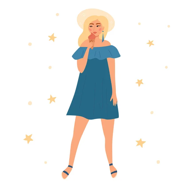 Beauty Woman Blue Dress Summer Hat Girl Holding Ice Cream — Image vectorielle