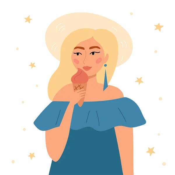 Woman eating an ice-cream. Girl in trendy blue dress and summer hat. Cartoon character. Long blond hair. Fast and junk food. Vector illustration. — Image vectorielle