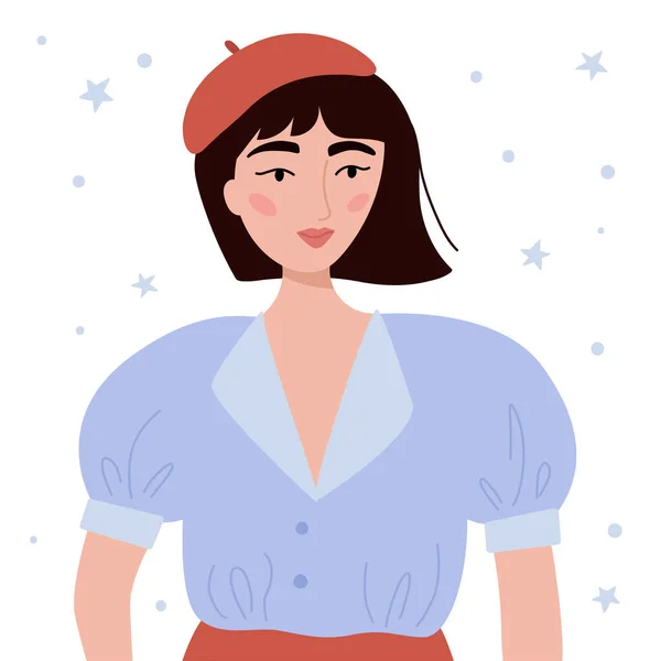 Portrait of a elegant French woman in a red beret. Cute cartoon character. Person in headdress. Paris fashion style. Avatar of young girl. Vector illustration. — Image vectorielle