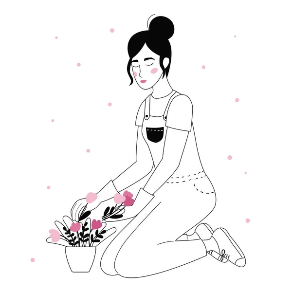 Jeune femme plante des fleurs roses dans des pots. Jardinage concept de passe-temps. Illustration vectorielle en noir et blanc. Des gribouillis dessinés à la main. folle plante dame. — Image vectorielle