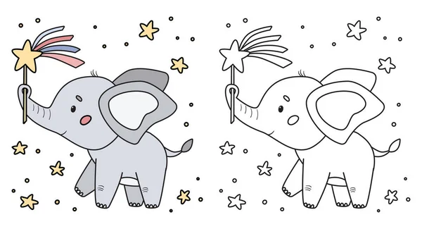 Página para colorear para niños preescolares. Lindo elefante kawaii de dibujos animados con varita mágica y estrellas. Juego educativo para niños. Ilustración vectorial en blanco y negro. — Vector de stock