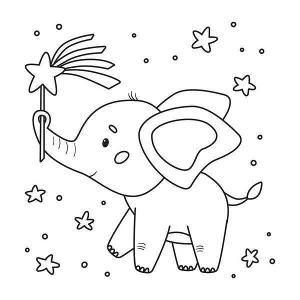 Černobílé zbarvení osnovy stránky pro děti. Roztomilý kreslený slon s kouzelnou hůlkou. Vektorová ilustrace. — Stockový vektor