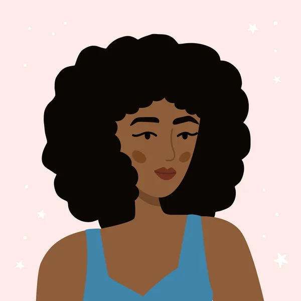 Avatar d'une belle jeune femme sur fond rose. Cheveux brun foncé bouclés. Caractère féminin afro-américain. Illustration vectorielle de style plat. — Image vectorielle