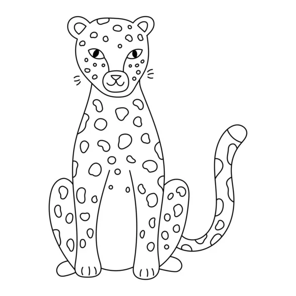 Doodle black and white leopard. Coloring page for children. Hand drawn jungle animal. Outline black and white vector illustration. — Stock Vector