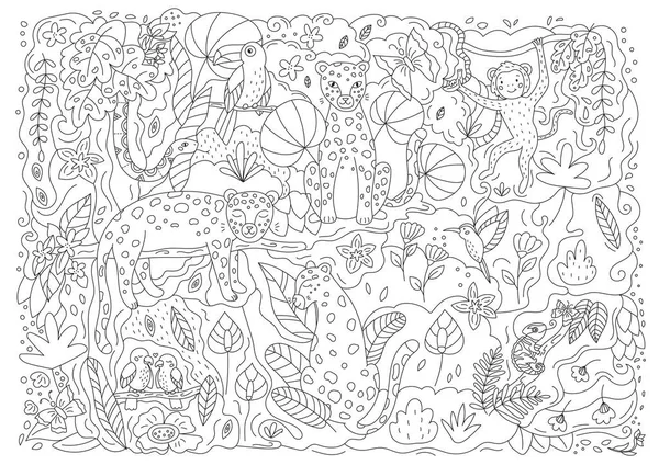 Coloriage dessiné à la main avec des léopards, perroquets, colibri, toucan, serpent, singe et caméléon. Personnages de dessin animé mignons. Plantes tropicales exotiques et fleurs. Illustration vectorielle de contour. — Image vectorielle