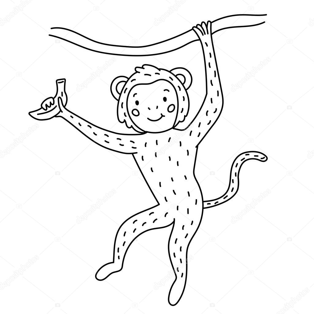 Hand drawn doodle monkey with banana. Coloring page for children. Black and white outline vector illustration. Cute cartoon character.