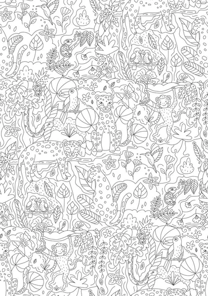 Patrón sin costura vectorial con animales de la selva leopardos, monos, serpientes, loros, tucanes y camaleones. Página para colorear para niños y adultos. Ilustración del contorno en blanco y negro. Bosque lluvioso dibujado a mano. — Archivo Imágenes Vectoriales