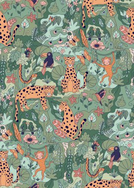 Karalama hayvanlı, kusursuz orman deseni. El yapımı leoparlar, papağanlar, tukan, bukalemun, yılan ve maymun. Duvar kağıtları, kreş ve kumaşlar için vektör çizimi ideal. Yağmur ormanları bitkileri.
