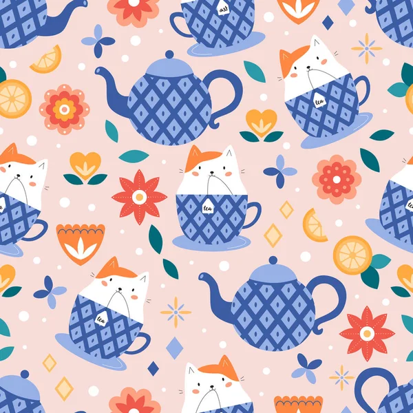 Seamless pattern with cute kawaii cat in cup. Tea time. Abstract flowers. Cartoon character. Vector illustration.