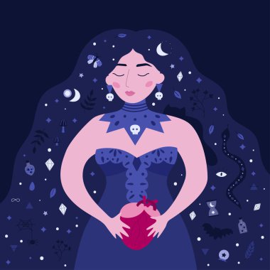 Kalbi olan bir çizgi roman cadısı. Cadılar Bayramı tebrik kartı, poster ya da parti davetiyesi. El yapımı yılan, kedi, yarasa, örümcek, iksir, ay ve yıldızlar. Vektör illüstrasyonu.