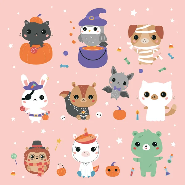 Cartões para crianças festa de Halloween. Modelos de cartazes imprimíveis  para berçário. Bonitos animais kawaii em trajes de Halloween. Urso dos  desenhos animados zombie, coelho pirata, bruxa coruja e gato em abóbora.