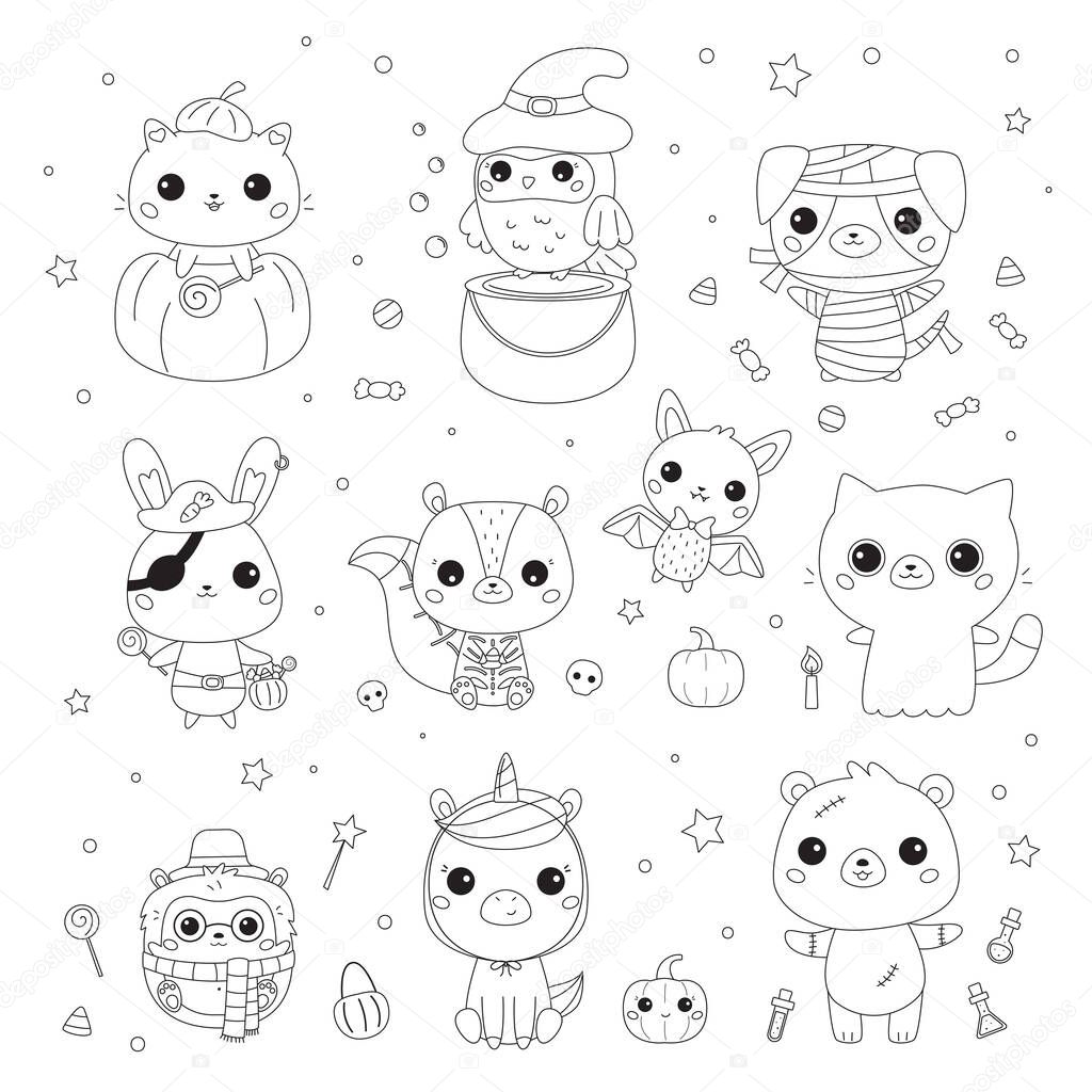 Vettoriale stockSet vettoriale di animali in costumi di Halloween. Disegno  da colorare per bambini in età prescolare. Carino kawaii personaggi dei  cartoni animati. Illustrazione in bianco e nero. Gatto in zucca, coniglietto, image size:1024x1024
