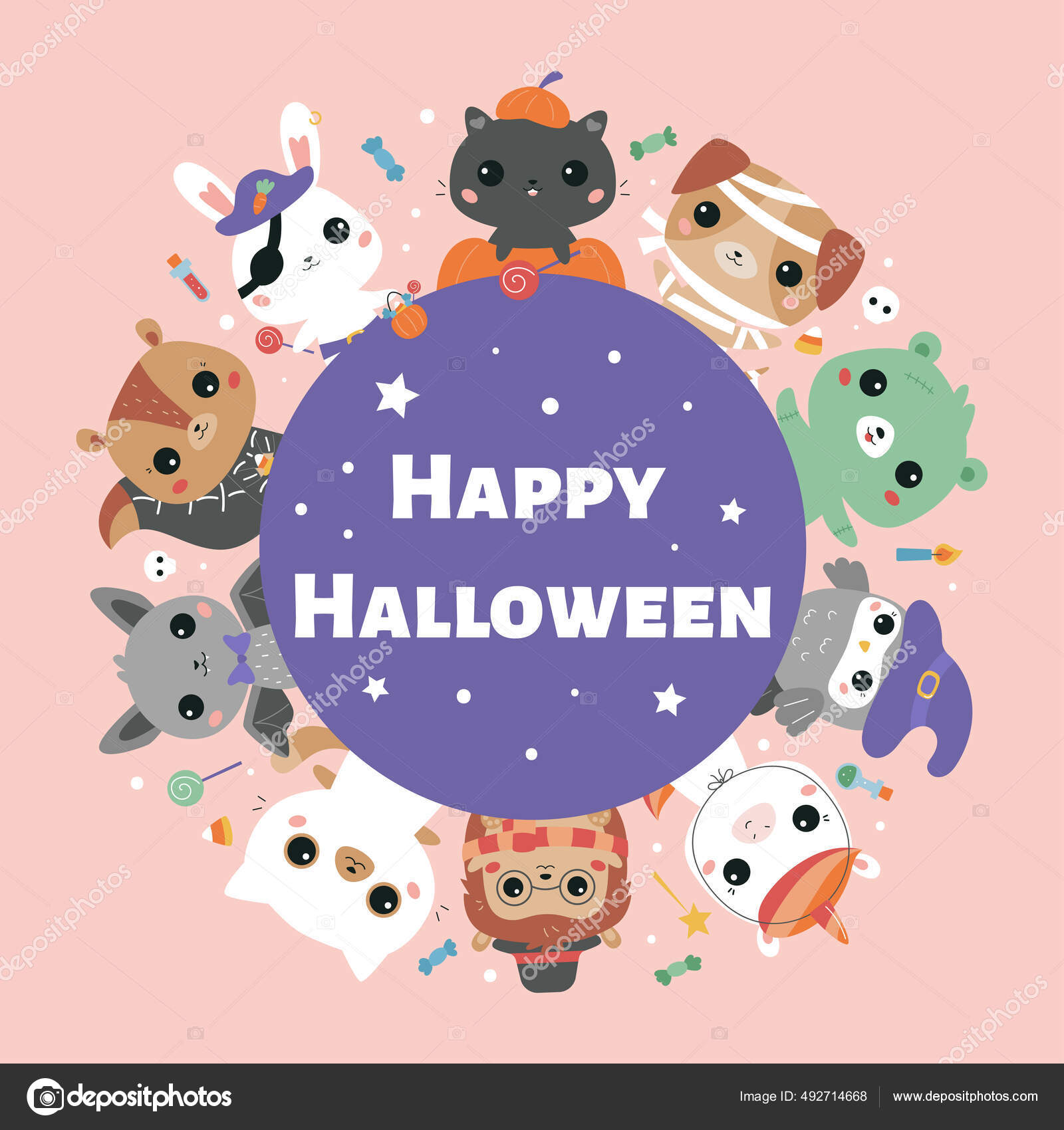 Cartões para crianças festa de Halloween. Modelos de cartazes imprimíveis  para berçário. Bonitos animais kawaii em trajes de Halloween. Urso dos  desenhos animados zombie, coelho pirata, bruxa coruja e gato em abóbora.