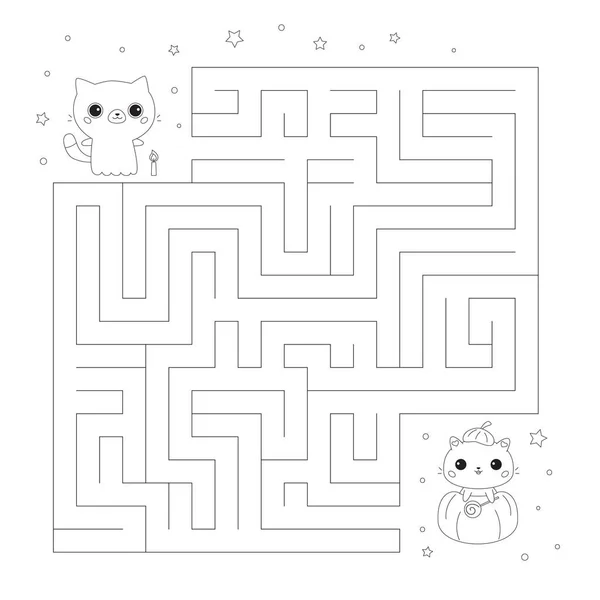 Halloween coloring page with maze game for children. Cute cartoon cats in ghost costume. Kawaii kitty in pumpkin. Black and white outline vector illustration. — Stock Vector