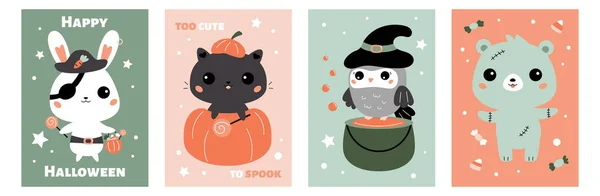 Greeting cards set for children Halloween party. Printable posters templates for nursery. Cute kawaii animals in Halloween costumes. Cartoon bear zombie, bunny pirate, owl witch and cat in pumpkin. — Stock Vector