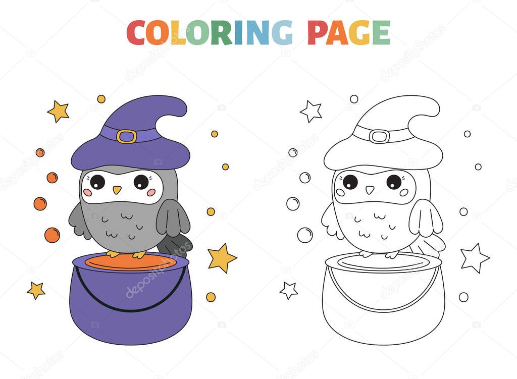 Coloring page with cute cartoon owl on witch pot. Animal in Halloween costume. Kawaii character. Black and white outline vector illustration.