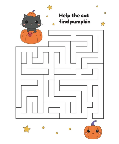 Halloween Labyrint För Förskolebarn Söt Tecknad Katt Pumpa Utbildningsspel Kawaii — Stock vektor