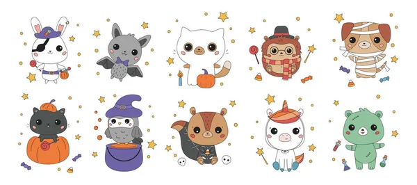 Set Kawaii Animals Different Halloween Costumes Cartoon Characters Funny Stickers — Stock Vector