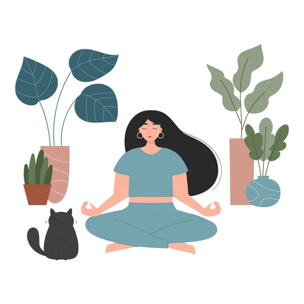 Jeune Femme Pose Lotus Yoga Avec Chat Gras Noir Mignon — Image vectorielle