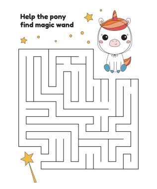 Çocuklar için labirent oyunu. Tek boynuzlu at kostümlü şirin bir midilli. Kawaii hayvanları. Cadılar Bayramı partisi için basılabilir çalışma tablosu. Vektör illüstrasyonu.