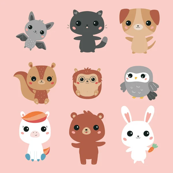 Juego Vectores Animales Kawaii Lindo Murciélago Dibujos Animados Gato Perro — Vector de stock