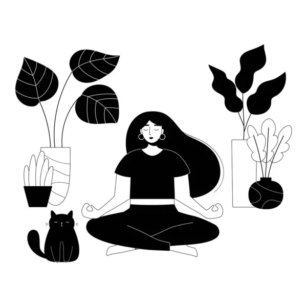 Femme Beauté Dans Pose Lotus Yoga Avec Chat Gras Mignon — Image vectorielle