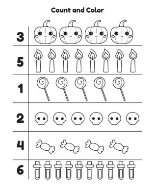 Anaokulu çocukları için Cadılar Bayramı basılabilir etkinlik sayfası. Sayı ve renk. El yapımı balkabakları, tatlılar, iksirler ve kafatasları. Vektör illüstrasyonu.