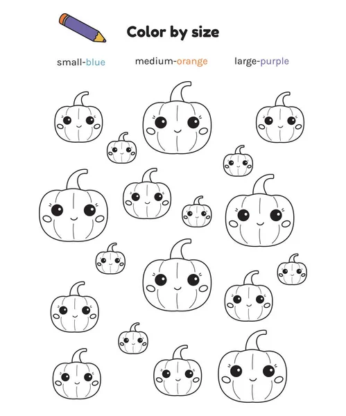 Halloween activity page for preschool kids. Color by size. Coloring page. Printable worksheet. Hand drawn doodle pumpkins. Vector illustration. — Stock Vector