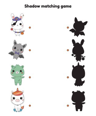 Anaokulu çocukları için gölge eşleştirme oyunu. Cadılar Bayramı teması. Karnaval kostümlü sevimli kawai hayvanları. Eğitimsel aktivite çalışma listesi. Vektör illüstrasyonu.