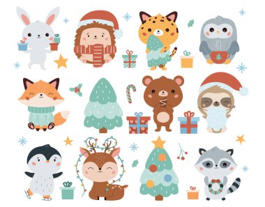 Şirin kawaii çizgi film hayvanlarıyla Noel seti. Tavşan, baykuş, kirpi, tilki, ayı, tembel hayvan, rakun, penguen, geyik ve leopar. Woodland karakterleri. Yeni yıl dekoratif unsurları. Vektör illüstrasyonu.