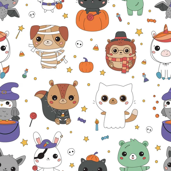 Хэллоуин безшипный узор с милыми животными в смешных костюмах. Карикатурные животные Кавайи. Векторная иллюстрация. — стоковый вектор