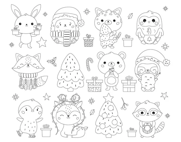 Christmas and New Year set with cute animals, gifts and sweets. Coloring page for children. Kawaii cartoon characters. Happy New Year. Black and white outline vector illustration. — Stock Vector