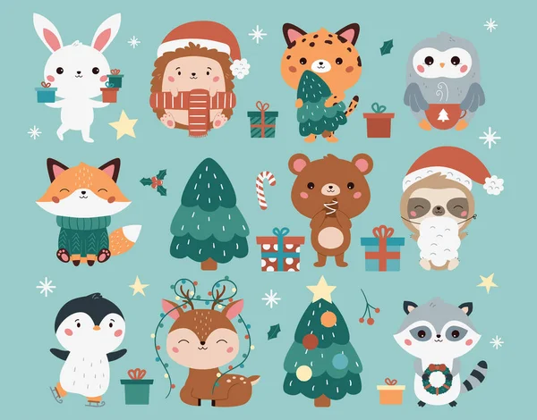 Şirin kawaii hayvanlarıyla Noel seti. Tilki, tavşan, leopar, kirpi, baykuş, rakun, geyik, penguen, ayı ve tembel hayvan. Çizgi film karakterleri. - Mutlu yıllar. Vektör illüstrasyonu.