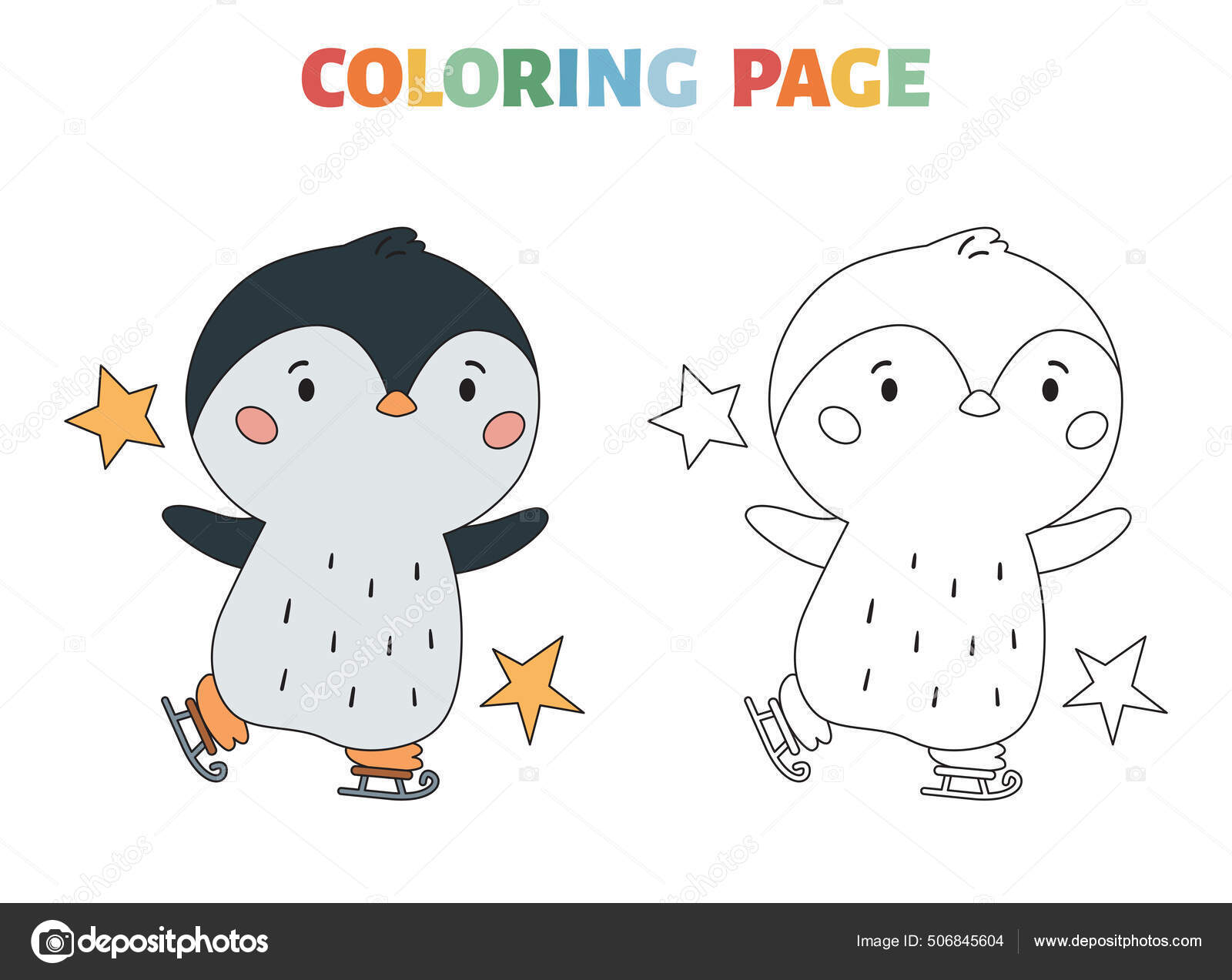 jogo de educação para crianças colorir página de pinguim bonito dos desenhos  animados usando cachecol e protetor de ouvido jogando patinação no gelo  linha de arte para impressão folha de trabalho de