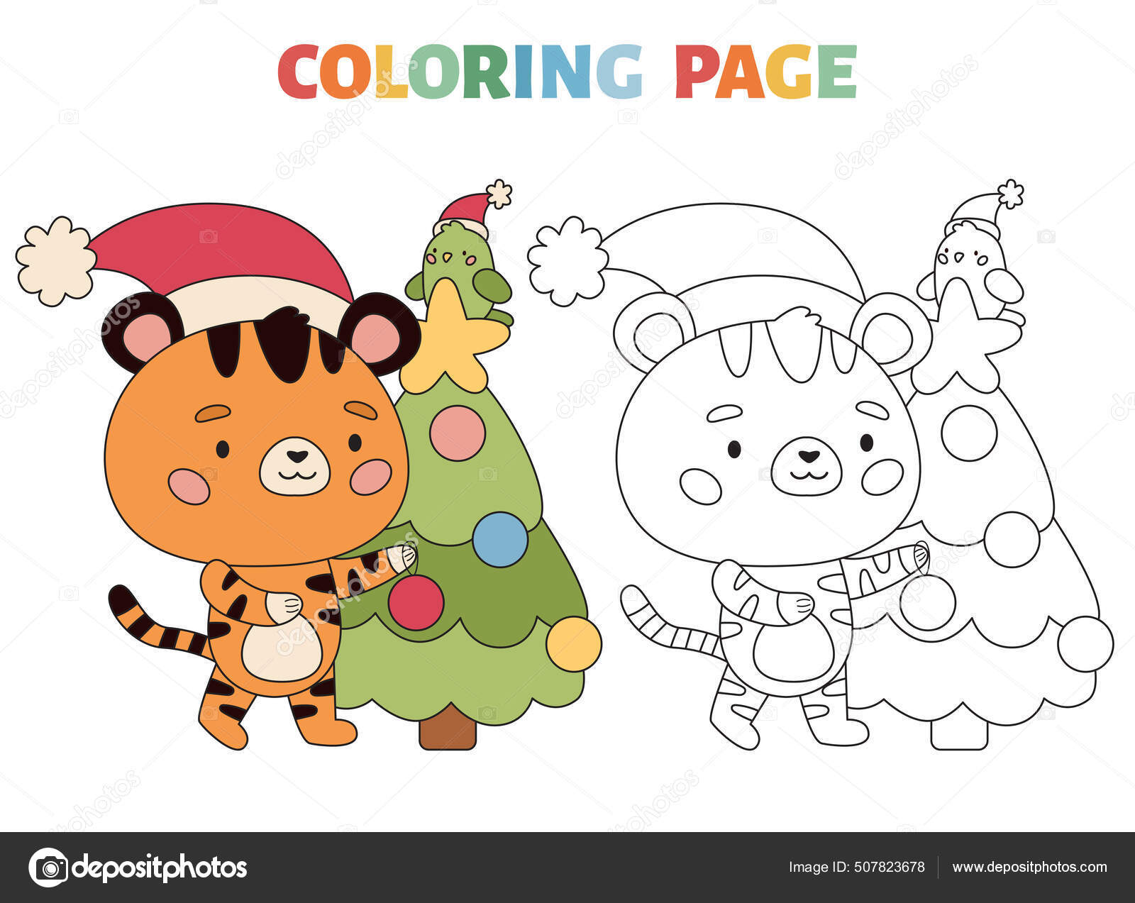 Desenho para colorir com tigre bonito, árvore de Natal e papagaio