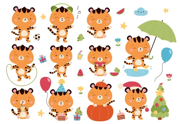 Vector set of kawaii cartoon tigers characters. Cute animals with umbrella, air balloon, birthday cake, presents, Halloween pumpkin, headphones, watermelon and Christmas tree. Funny cats stickers. — Stock Vector