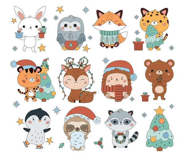 Kawaii sada roztomilá kreslená zvířata s vánoční stromeček, horká čokoláda, dárky, sušenky, věnce a věnec. Šťastný Nový rok. Vektorová ilustrace. — Stockový vektor