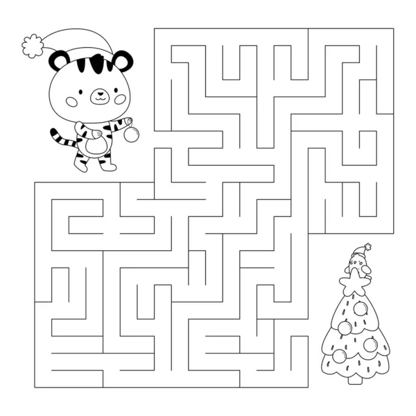 Education maze or labyrinth game for kids. Help the tiger find right way to Christmas tree. Activity worksheet. Happy New Year. Coloring page. Kawaii cartoon character. Vector illustration. — Stock Vector