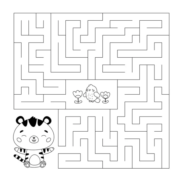 Coloring page with maze game for children. Help the tiger find right way to his friend parrot. Cartoon kawaii animals. Vector outline illustration. — Stock Vector