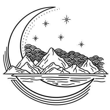 Hand drawn black and white vector illustration of a mountain landscape with a crescent moon, stars, stylized waves, and calm water, designed in a minimal, linear doodle art style.