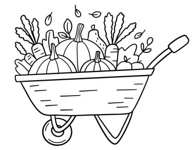 Kabak, havuç ve yapraklı yeşillik gibi sebzelerle dolu el yapımı bir el arabası çizimi. Siyah ve beyaz karalama stili, boyama sayfaları ve sonbahar temaları için mükemmel.