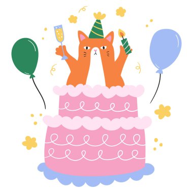 Parti şapkası takmış, pembe bir doğum günü pastasının içinde elinde mum ve şampanya bardağıyla etrafta renkli balonlar ve konfetilerle duran sevimli bir turuncu kedinin canlandırması..