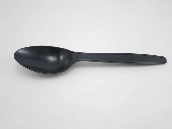 Black Plastic Disposable Spoon Eating — Stock Photo, Image