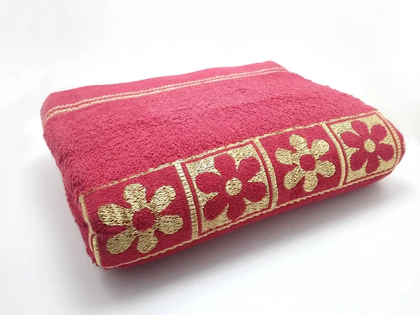 Red dye with gold flower accent cotton fibrous bath body towel