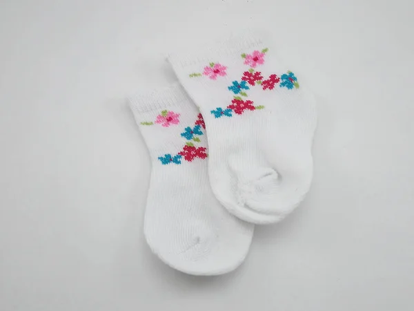 White Baby Socks Pair Wear Feet Flower Design — Stock Photo, Image