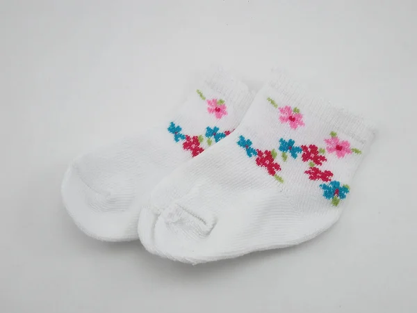 White Baby Socks Pair Wear Feet Flower Design — Stock Photo, Image