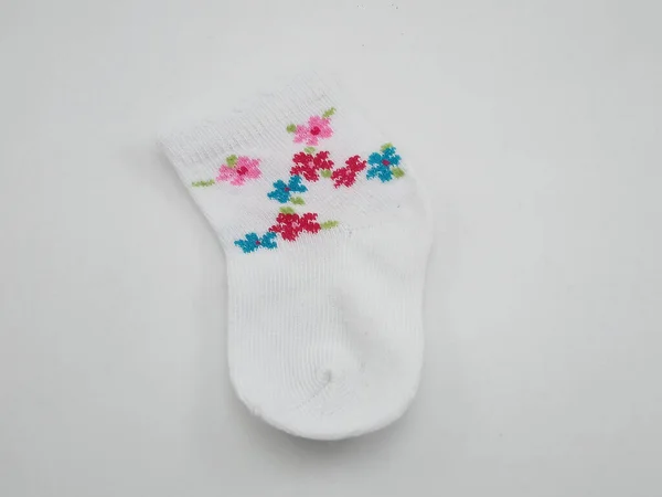 White Baby Socks Pair Wear Feet Flower Design — Stock Photo, Image