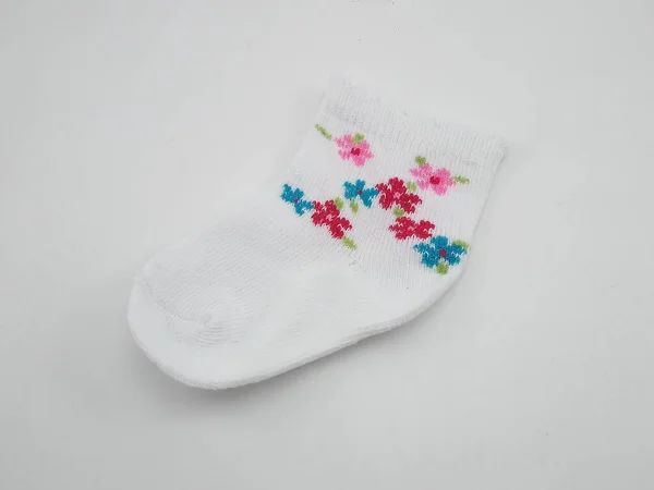 White Baby Socks Pair Wear Feet Flower Design — Stock Photo, Image