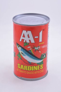 MANILA, PH - JULY 9 - AA1 sardines in tomato sauce with chili on July 9, 2021 in Manila, Philippines.